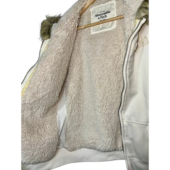 Abercrombie & Fitch Cream Tan Faux Fur Sherpa Hoodie Sweatshirt Jacket Womens L - Picture 6 of 10